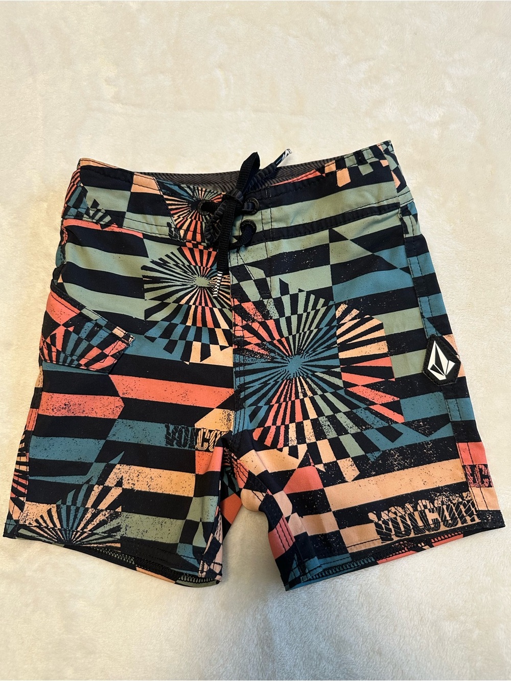 Volcom Boys' Mod-Tech Swim Trunks / Beachy Board Shorts in Black, Teal & Coral